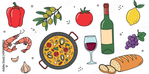 Delicious Spanish Cuisine Illustrated Paella, Wine, Bread, and Fresh Ingredients