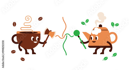 Charming cartoon coffee cup with an axe and teapot with a whisk playfully duel, a vibrant illustration of the classic choice between hot beverages