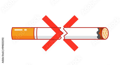 Iconic Illustration of a Broken Cigarette with a Red X Mark, Symbolizing Smoking Cessation, Health Awareness, and Anti-Smoking Campaigns