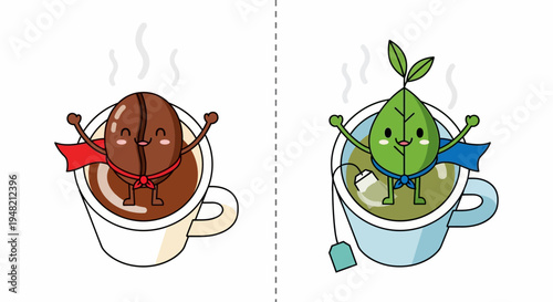 Heroic Brews Cartoon Coffee Bean and Tea Leaf Superheroes Battle for Your Morning Energy Choice
