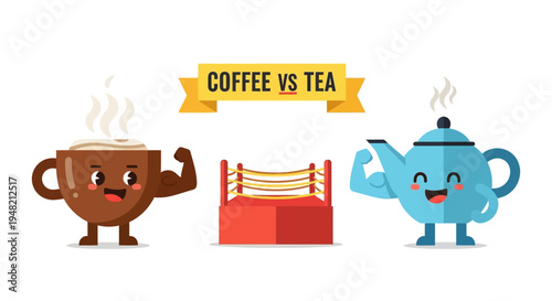Coffee Versus Tea A Fun Cartoon Battle Featuring a Muscular Coffee Cup and a Strong Teapot