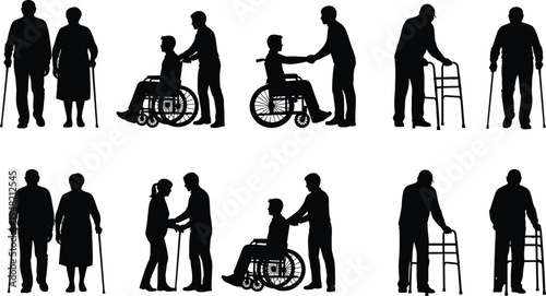 Elderly people and disabled assistance silhouettes, seniors with cane walker wheelchair and caregiver support, healthcare lifestyle vector illustration set