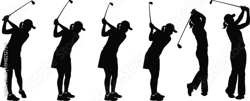 Female golfer swing silhouette sequence isolated on white background, woman golf player motion set, sport activity vector illustration
