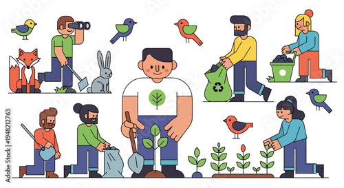 Vibrant community engaged in environmental protection, planting trees, collecting trash, and observing wildlife to foster a sustainable future