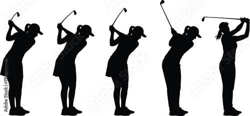 Female golfer swing silhouette set isolated on white background, woman golf player motion sequence, sport activity vector illustration