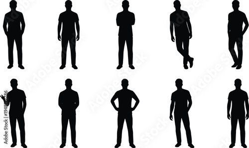 Collection, of, male, standing, silhouette, figures, diverse, casual, poses, isolated, on, white, background, people, character, vector, illustration, posture, reference, set