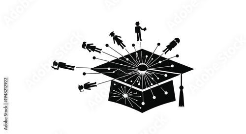 Graduation cap with flying icons and stars