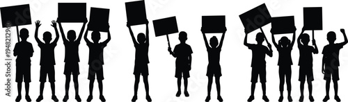 Children holding blank protest signs silhouette, youth activism rally and social awareness demonstration for rights and freedom concept