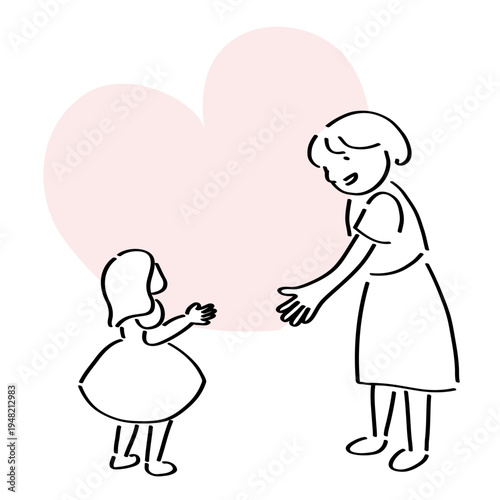 ハートと親子のシンプルな線画イラスト