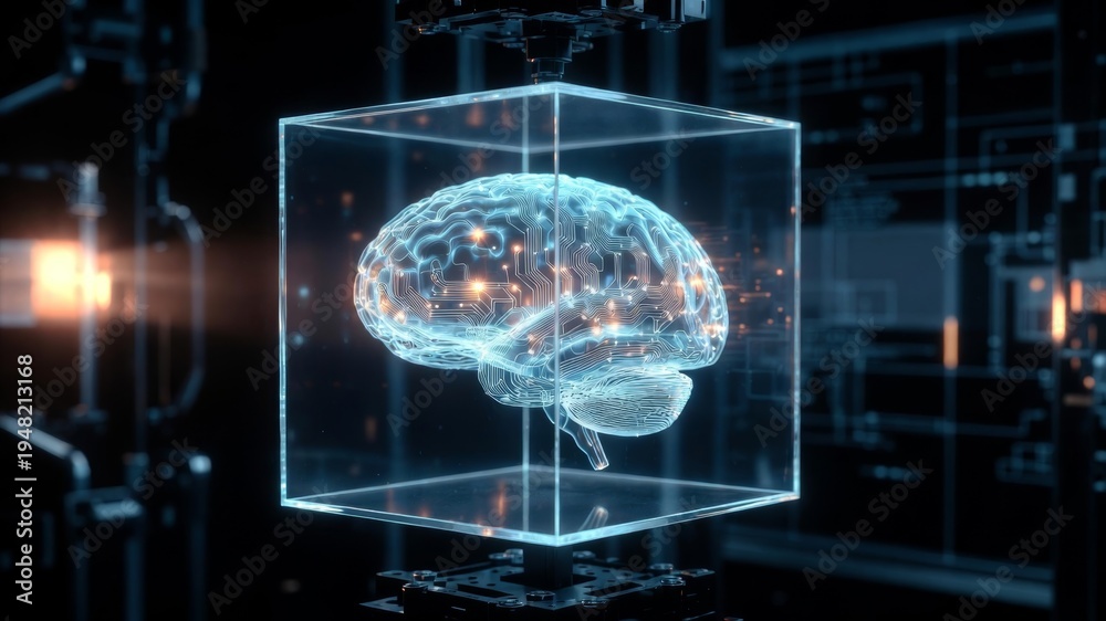 Obraz premium Futuristic Holographic Brain with Digital Circuitry in Transparent Cube