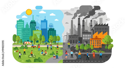 Clean Green City Versus Polluted Industrial Environment A Tale of Two Urban Landscapes Highlighting Sustainability and Environmental Issues