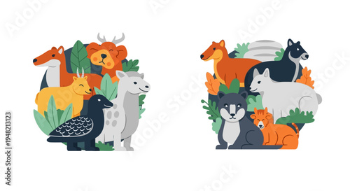 Captivating flat design illustration showcasing two diverse groups of wild animals from various habitats and ecosystems