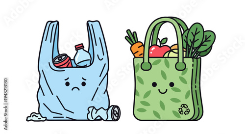Sad plastic bag versus happy reusable shopping bag promoting eco-friendly and sustainable choices for a better planet