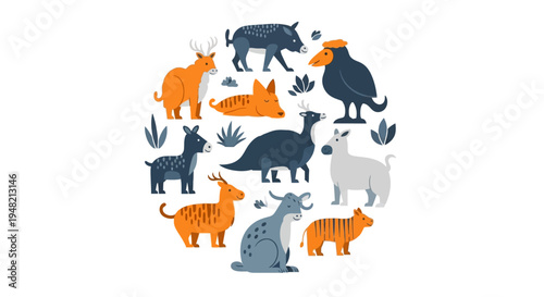 Vibrant collection of diverse animal illustrations, arranged in a circular design, showcasing a stylized mix of wild creatures and species from different habitats
