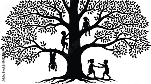 Children playing on tree silhouette vector illustration, happy kids climbing branches and enjoying childhood outdoor nature scene
