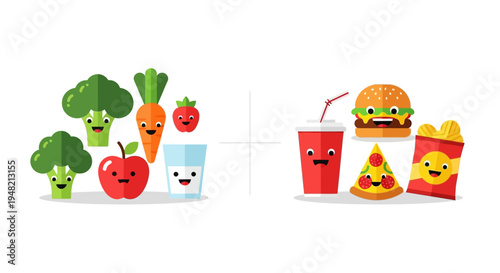 Delightful cartoon illustration comparing healthy and unhealthy food choices with smiling characters, perfect for promoting balanced nutrition and dietary awareness for kids
