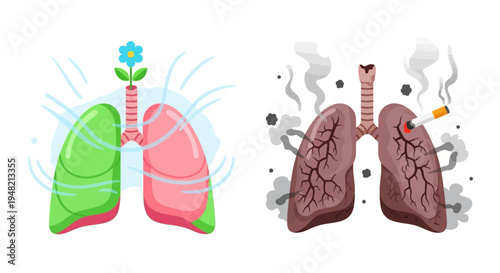Striking visual comparison of healthy, clean lungs versus diseased, smoke-damaged respiratory organs illustrating the profound impact of lifestyle choices