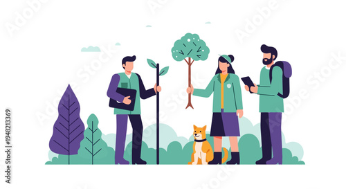 Enthusiastic environmentalists and their loyal dog engage in tree planting, contributing to nature conservation and sustainable ecosystem development