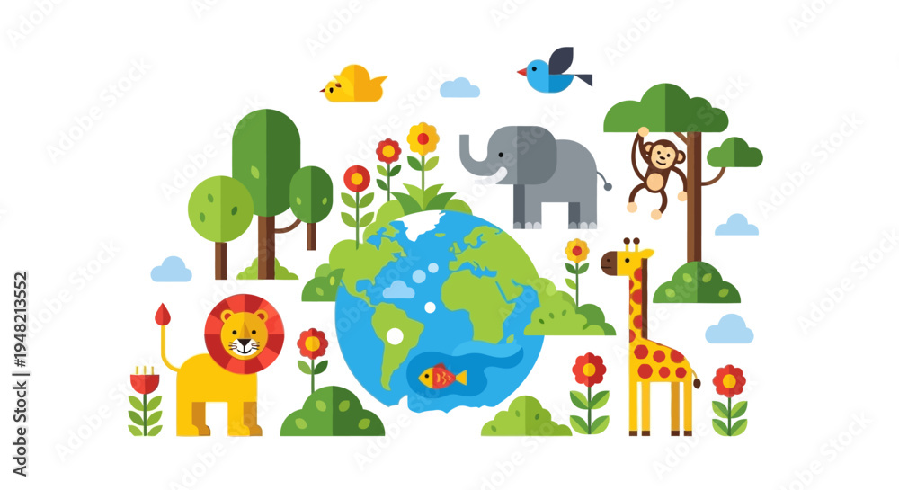 Fototapeta premium Vibrant flat design illustration showcasing Earth's diverse wildlife and flourishing natural environment, emphasizing global ecological balance and preservation