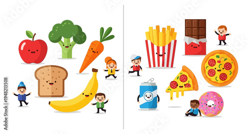 Vibrant Illustration Contrasting Nutritious and Indulgent Food Choices with Cheerful Cartoon Figures Explaining Dietary Habits