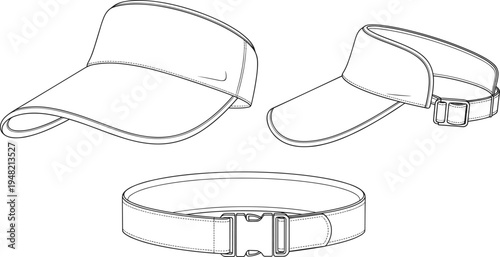 Sports visor and belt technical fashion illustration, adjustable strap design, curved brim visor, plastic buckle belt, accessory construction vector sketch