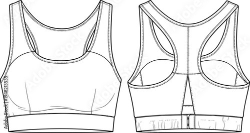 Sports bra technical flat sketch, scoop neckline, racerback design, keyhole cutout, contour seam lines, garment construction, fashion illustration vector
