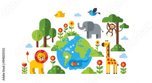 Vibrant flat design illustration showcasing Earth's diverse wildlife and flourishing natural environment, emphasizing global ecological balance and preservation