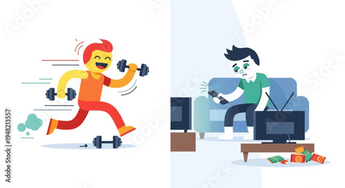 Dynamic Contrast Energetic Character Embracing Fitness and Running with Dumbbells Against a Sedentary Individual Watching Television and Eating Snacks on a Couch