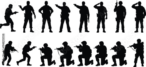 Military soldier silhouettes set with armed army soldiers aiming rifles, tactical combat stances and patrol positions isolated on white background for defense and security design