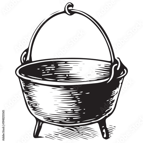 Cast Iron Camping Pot Illustration Off Grid Survival Cooking Pot Outdoor Bushcraft Equipment