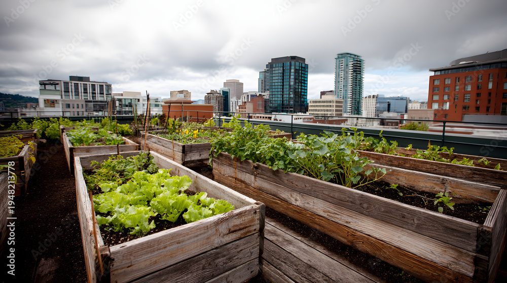 Fototapeta premium Rooftop vegetable garden with raised wooden beds and leafy greens against urban skyline on cloudy day