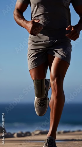 male amputee athlete running on sandy beach with prosthetic leg under clear blue sky with copy space