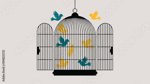 birds flying out of an open cage  freedom concept