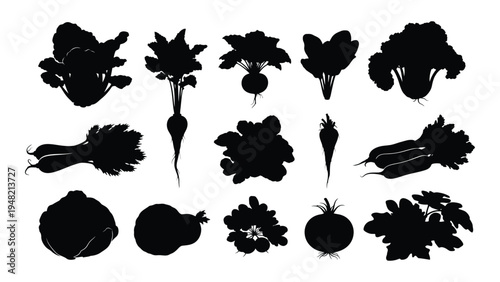 A collection of black silhouettes of various vegetables and leafy greens on a white background, showcasing a variety of healthy food options.