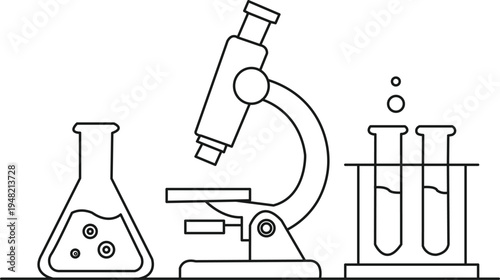 Simple stem laboratory illustration, elegant line art of microscope with beaker and test tubes