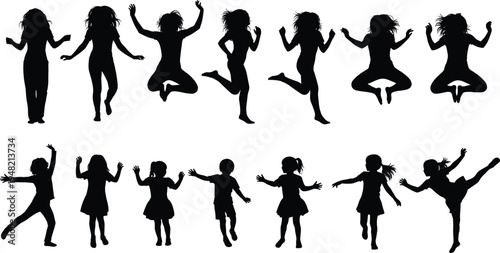 Children dancing silhouette set, happy kids jumping and playing poses, playful activity vector illustration isolated on white background