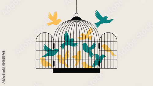 Birds flying out of an open cage  freedom concept