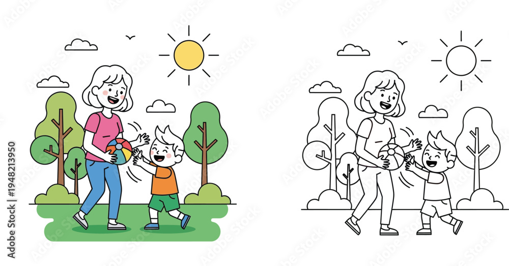 Fototapeta premium Mother and Son Playing with Ball Outdoors, Happy Family Time