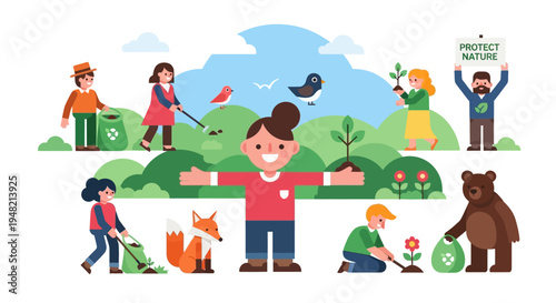 Community Effort to Protect Nature and Environment People and Animals Promoting Sustainability and Earth Conservation Together