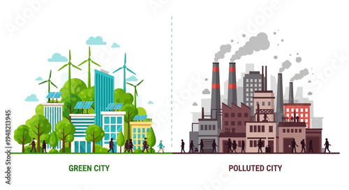 Illustrating the environmental contrast between a vibrant green city powered by renewable energy and a heavily polluted industrial urban area