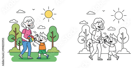 Mother and Son Playing with Ball Outdoors, Happy Family Time