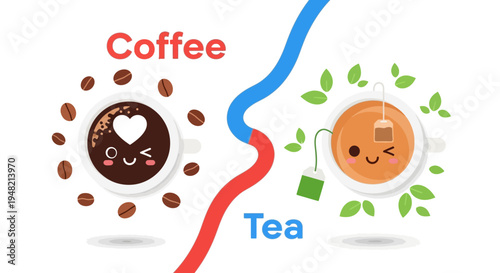 Adorable animated coffee cup and cheerful tea mug in a vibrant graphic illustration, symbolizing morning ritual choices and beverage preferences