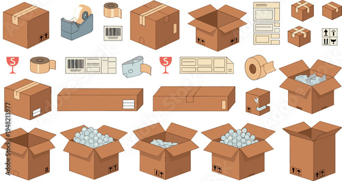 Isometric cardboard packaging boxes set with shipping labels, tape dispenser, barcodes, packing materials and delivery logistics elements vector illustration