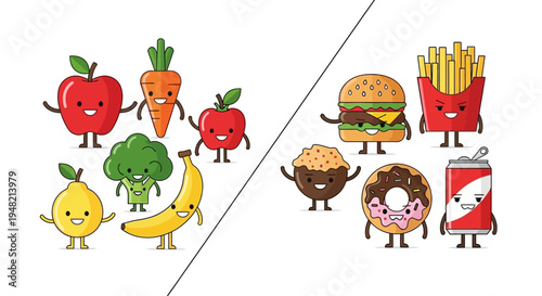 Cartoon Food Characters Healthy Fruits and Vegetables Versus Junk Food Treats
