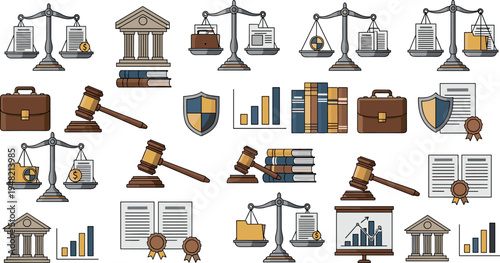 Justice and law icon collection with courthouse scales gavel legal books shield certificate business law flat vector set