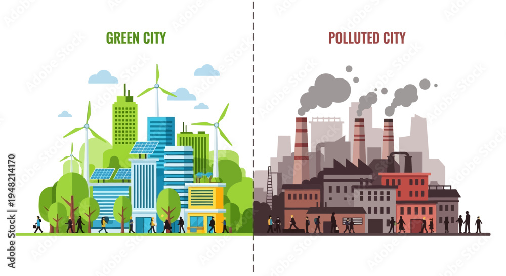 Obraz premium Sustainable urban future versus industrial pollution Visualizing the stark contrast between eco-friendly and environmentally damaged cities