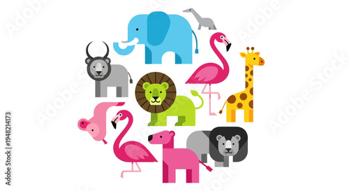 Vibrant flat design illustration of diverse wild animals including safari creatures, ideal for children's education and playful designs