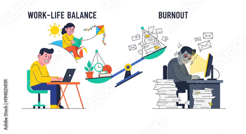 Visualizing the stark contrast between achieving healthy work-life balance and suffering from chronic professional burnout