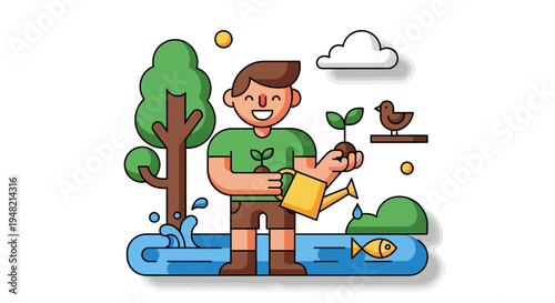 Happy Young Man Nurturing Nature Planting a Sapling, Watering, and Caring for the Environment's Growth