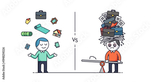 Work-Life Balance vs. Overload Illustrating task management and the stress of an overwhelming professional workload